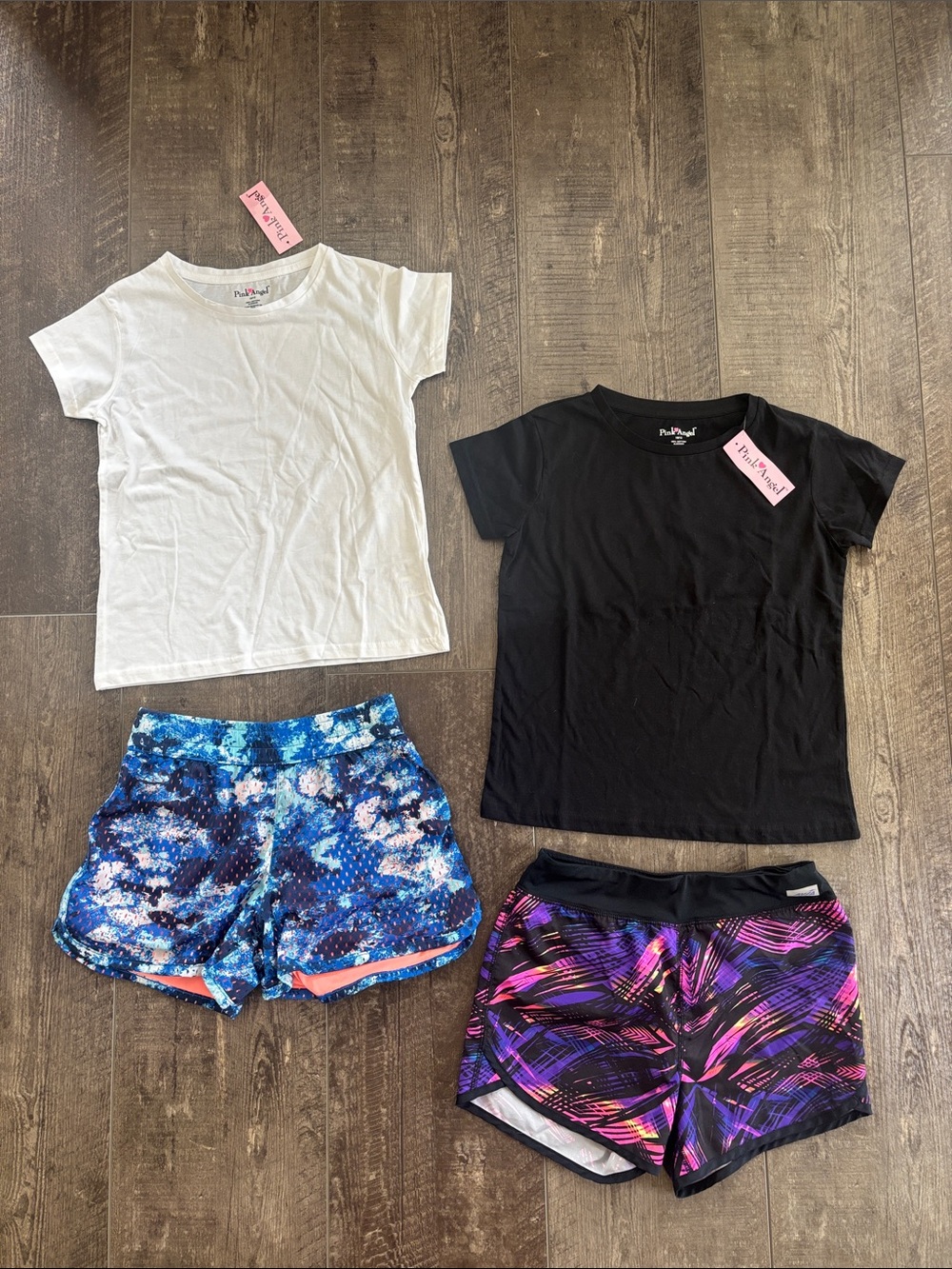 2 Short Sleeve Tees Black & White size 10/12 NWT +  2 pairs of shorts 10/12